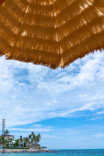 A Scenic View of a Tranquil Beach with a Thatched Umbrella Framing the Serene Sky and Ocean, Inviting Relaxation and Leisure in a Tropical Paradise
