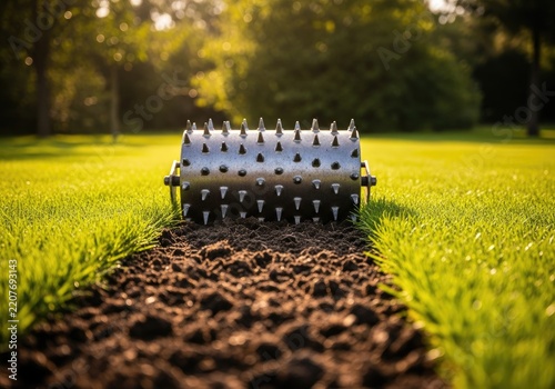Lawn Aerator Roller Working on Green Grass in Sunny Garden.