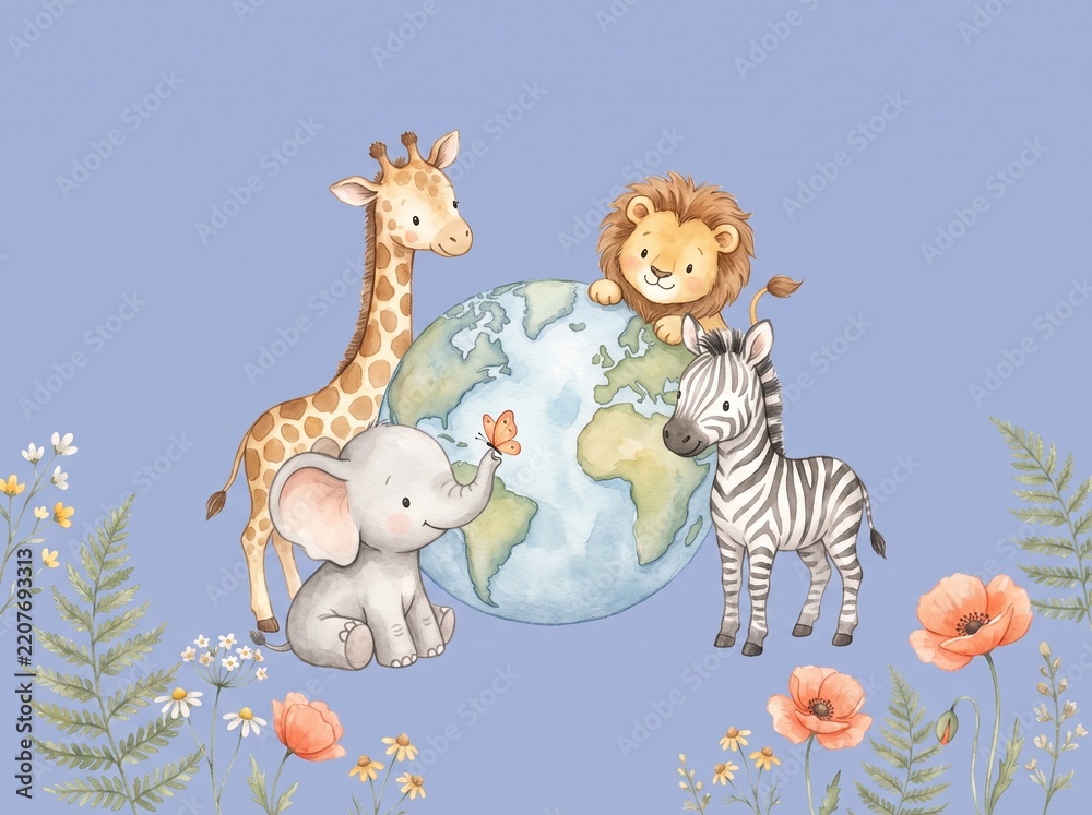 Obraz premium Whimsical illustrated animals embracing a globe surrounded by flowers in a dreamy, pastel world