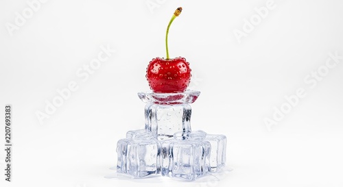 Single Fresh Cherry Perched Atop Ice Cubes on White Background.