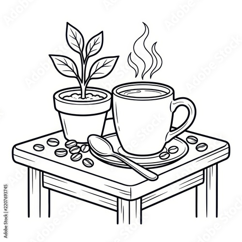 Coffee cup and plant outline coloring book page