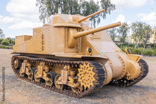 A reliable M3 Grant medium tank made in the USA as a dual gun stopgap during World War 2 until the superior M4 Sherman tank became available, whereafter the M3 was used in the Pacific theatre of war.
