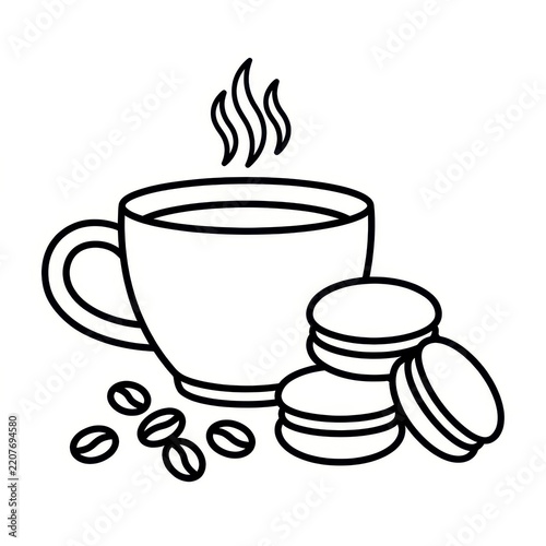Coffee cup and macarons line art icon