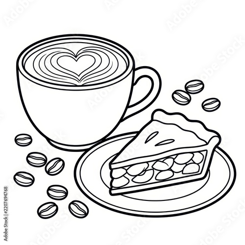 Coffee cup and slice of pie coloring page