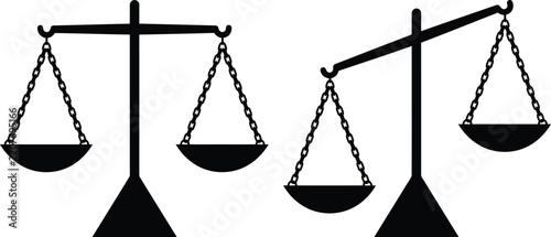Scales of justice vector silhouette set, balanced and unbalanced legal scale icons, law firm symbol concept