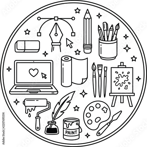 Line Art Graphic Design Tools Vector Icon Set, Minimalist Graphic Designer Supplies Line Art Set, Creative Artist Tools Icon Collection
