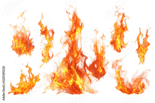 Dynamic flames in various forms isolated on transparent background. Vibrant orange and yellow fire flames bursting dynamically isolated on white background.