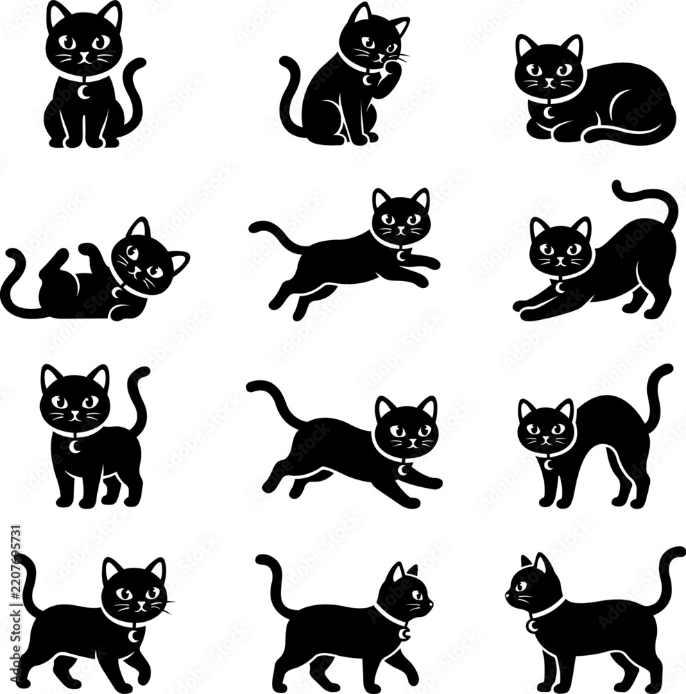 Obraz premium Collection of Black Cat Silhouettes in Various Poses and Actions for Creative Design Projects