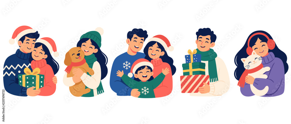 Obraz premium Families with pets in winter clothes illustration