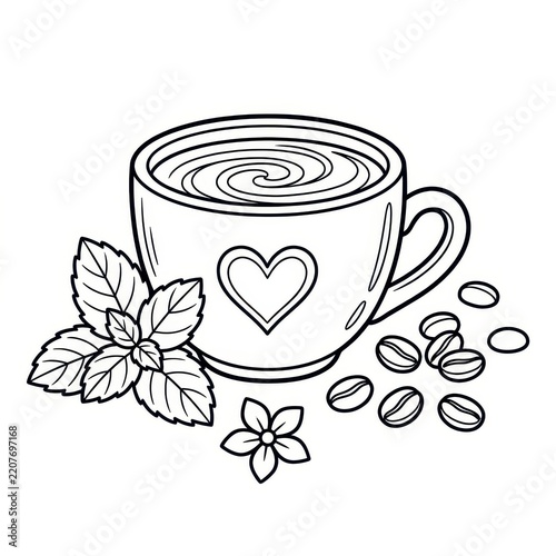 Coffee cup with mint leaves and beans coloring page