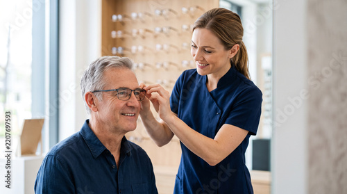 Optometrist fitting prescription eyeglasses for mature patient