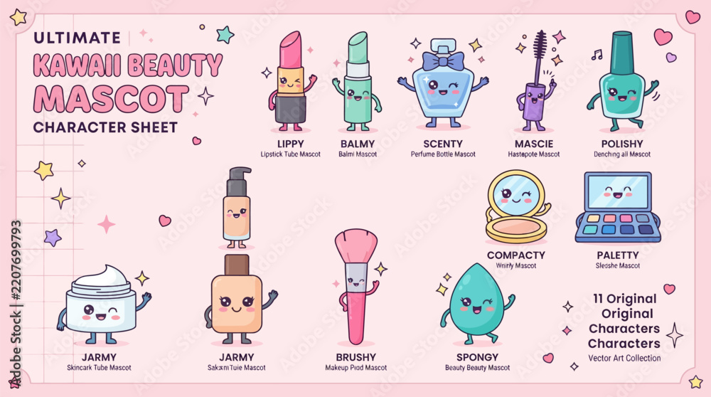 Obraz premium Kawaii cosmetic mascot characters sheet