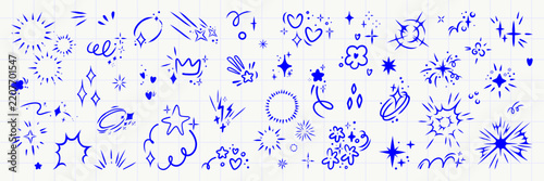Anime shining star, sparkle and explosion asset pack. Markers drawing manga elements, speech bubble, stars and light flash. Vector doodle icon.