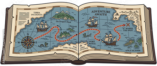 Illustrated Treasure Map in Open Book