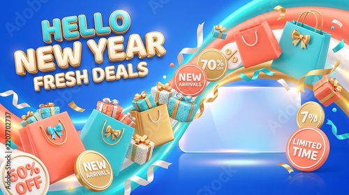 New Year sale banner with 3D shopping bags and gift boxes on blue background