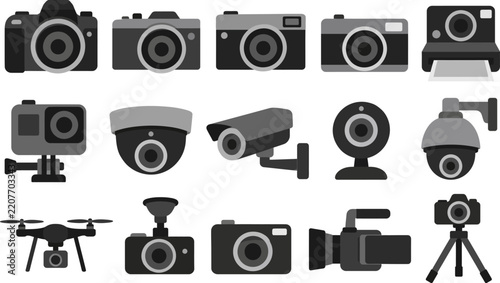 Surveillance and photography cameras vector set features modern recording devices.