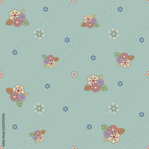 Sage Green Floral Bouquets and Tiny Blossoms Pattern