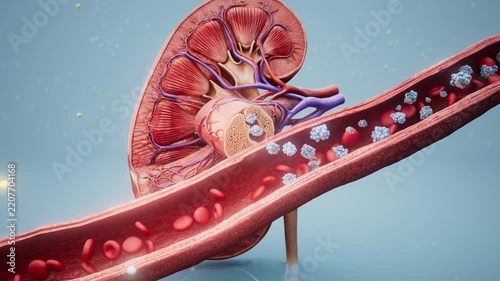 Conceptual 3D animation of a kidney releasing EPO into a blood vessel