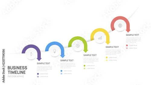 Business Infographic Timeline Template with 5 Step process, label and arrow c...