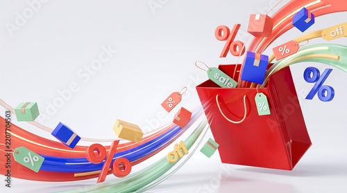 Red shopping bag with floating discount tags and gift boxes for retail sale