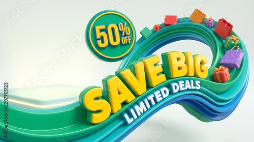 3D render of a retail sale banner with Save Big text and gift boxes