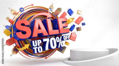Sale banner with 3D text and product display podium on white background