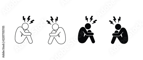 Headache Person Icon Set – Head Pain and Migraine Symbols Vector