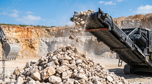 Stone crusher machine dumping crushed rocks at open-pit quarry, showing heavy industrial mining equipment in action