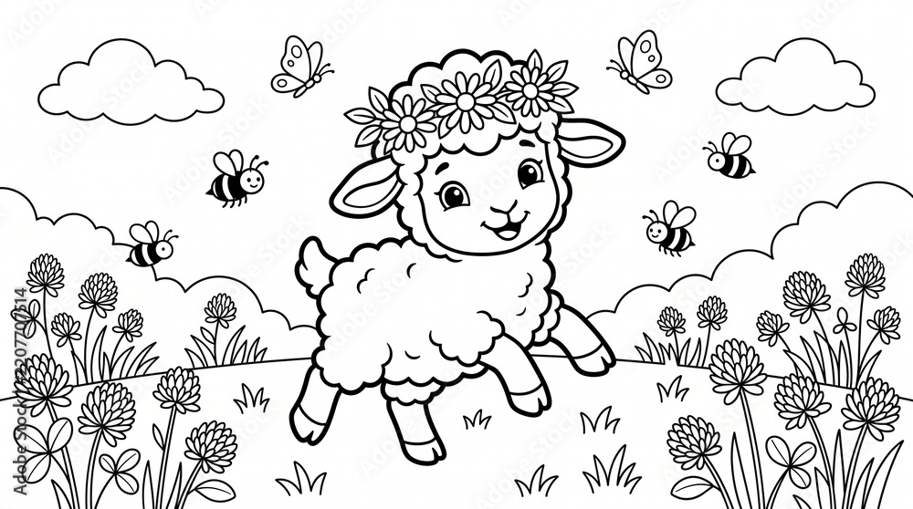 Fototapeta premium Adorable Cartoon Lamb Dancing in Blooming Clover Field with Butterflies Spring Kids Coloring Page