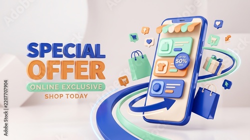 3D smartphone displaying special offer online shopping sale with copy space