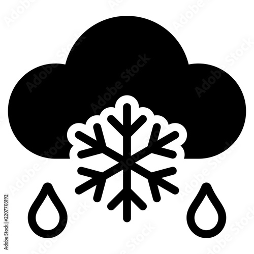 Flat style vector illustration featuring a snowflake beneath a cloud with raindrops, representing winter weather conditions, suitable for seasonal, weather, or climate-related projects.