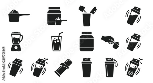 Protein supplement preparation icons black silhouettes on a white background