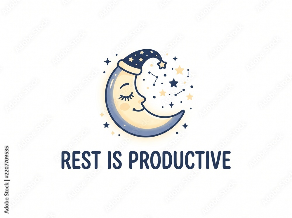 Fototapeta premium Cute cartoon moon character wearing a nightcap with the motivational text Rest Is Productive.