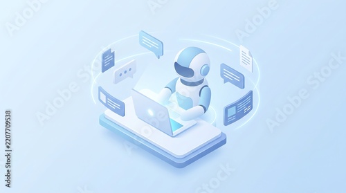 Flat Isometric 3D AI Chatbot Assistant with Laptop and Text Boxes for Customer Service