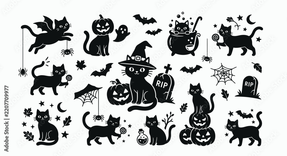 Obraz premium Halloween themed silhouettes of cats pumpkins and bats on a white background