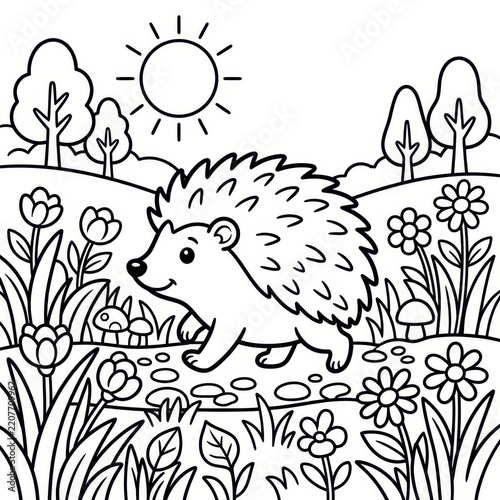 Cute hedgehog coloring page for kids with nature landscape