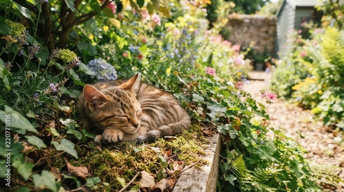 Adorable pet cat animal napping in lush garden