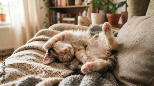 Cozy nap Adorable pet animal kitten peacefully sleeps at home