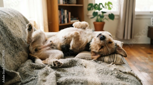 Happy pet dog sleeping on couch