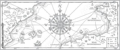 Vintage Nautical Map with Compass Rose and Islands