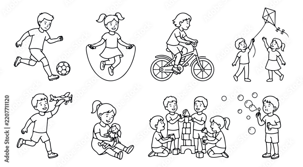 Obraz premium Kids Outdoor Activities Coloring Pages Set, Black and White Line Art Vectors of Children Playing, Children Sports Clipart