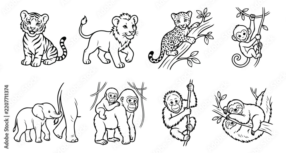Obraz premium Cute jungle animals coloring page vector set, black and white baby safari animal line art illustrations, wild animal outlines for kids activity