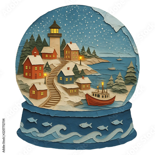 Winter village snow globe with lighthouse and fishing boat for