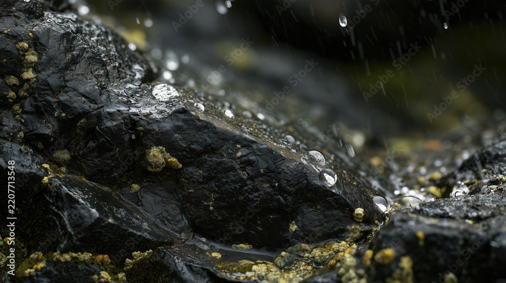 Fototapeta premium Macro photograph of raindrops falling on weathered dark basalt rock with olive-green olivine crystals, thin mineral film and moss beginning to grow in the cracks, water beading on the rough surface