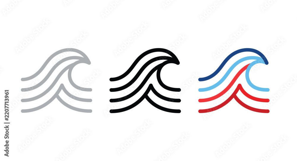Fototapeta premium Three wave patterns in varying colors against a white background