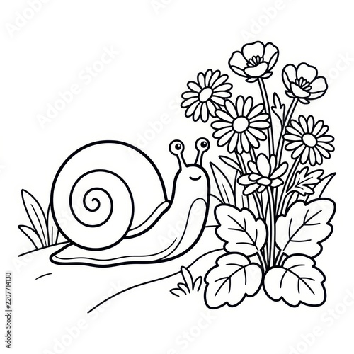 Cute snail coloring page with flowers
