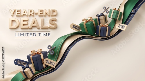 Year-end deals banner with gift boxes and discount tags on wavy ribbons