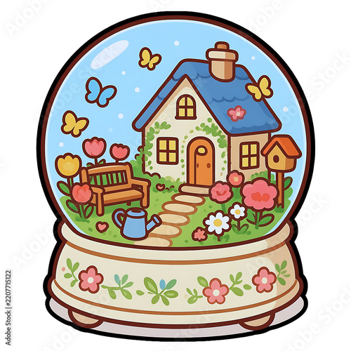 Whimsical snow globe clipart featuring cozy cottage garden with