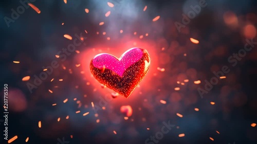 Glowing Red Heart Floating with Sparkling Particles and Small Hearts on Dark Background