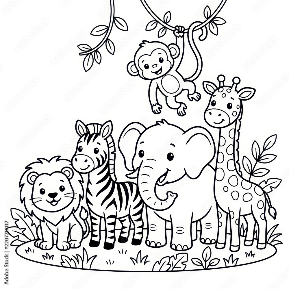 Obraz premium Cute safari animals coloring page illustration